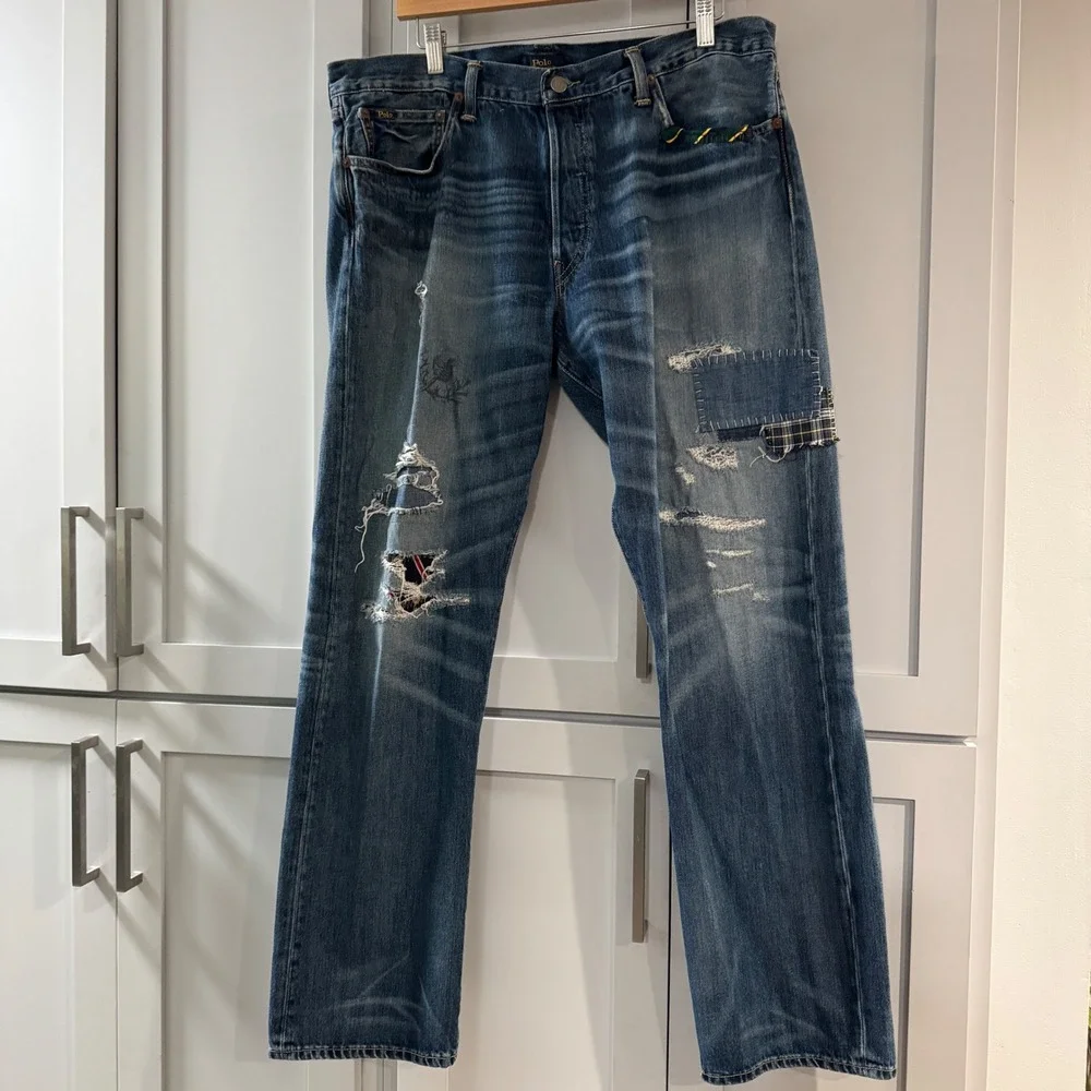 Polo Ralph‎ Lauren Men's Distressed Patchwork Jeans Button Fly Blue Size 36x32